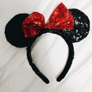 Disney Parks Authentic Minnie Mouse Black Sequin Ears Headband with Red Bow